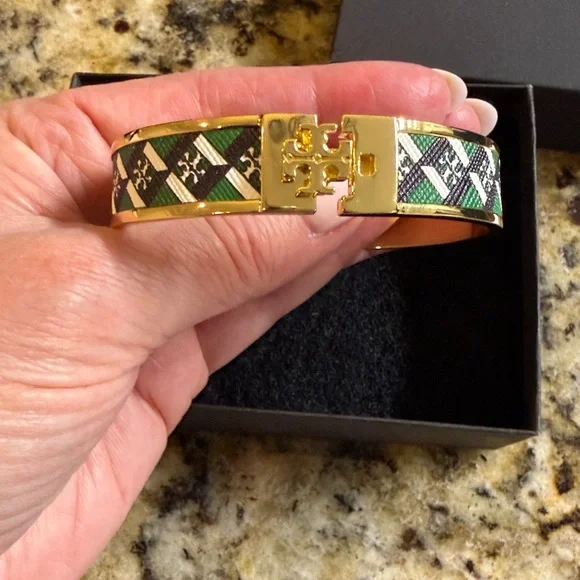 Tory Burch Gold and Green Geometric Bracelet - Picture 4 of 6